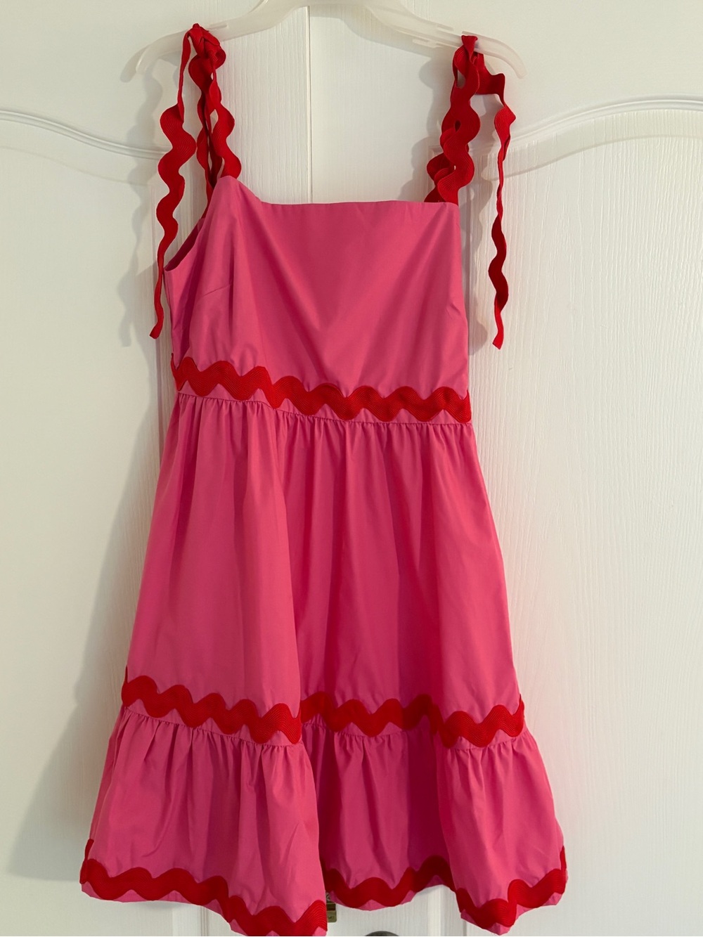 First Love Pink Sleeveless Tiered Dress with Red Trim